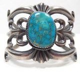 SANDCAST BRACELT – STERLING & TURQUOISE – NAVAJO from COLLECTING TEXAS – MADE by HARRISON BITSUE - 1 of 6