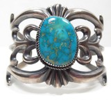 SANDCAST BRACELT – STERLING & TURQUOISE – NAVAJO from COLLECTING TEXAS – MADE by HARRISON BITSUE - 1 of 6