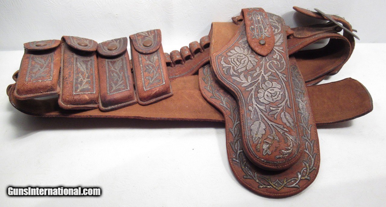 VERY FANCY SILVER LACED MEXICAN HOLSTER and BELT from COLLECTING TEXAS –  for a 45 AUTO with MAGAZINE and CARTRIDGE LOOPS