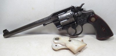 FINE 112 YEAR-OLD FACTORY ENGRAVED COLT OFFICER’S MODEL TARGET REVOLVER from COLLECTING TEXAS – FACTORY LETTER – EXTRA PEARL GRIPS