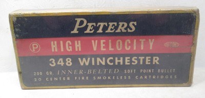 PETERS HIGH VELOCITY 348 WINCHESTER BOX of AMMO from COLLECTING TEXAS – 20 CENTER FIRE SMOKELESS CARTRIDGES