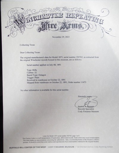 VERY NICE WINCHESTER MODEL 1873 LEVER-ACTION RIFLE from COLLECTING TEXAS – FACTORY LETTER – SHIPPED 1891 - Image 20 of 20