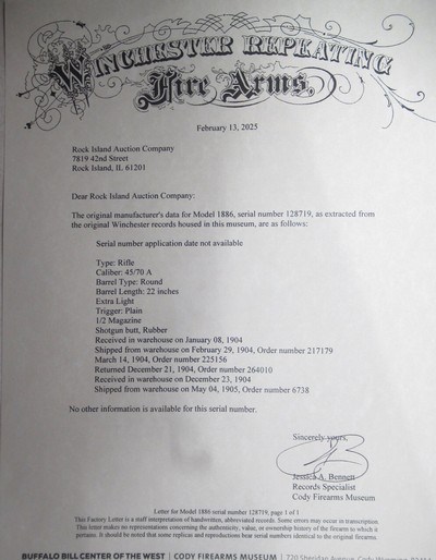 VERY HIGH CONDITION 122 YEAR-OLD WINCHESTER MODEL 1886 RIFLE from COLLECTING TEXAS – FACTORY LETTER – 45/70 CALIBER - Image 20 of 20
