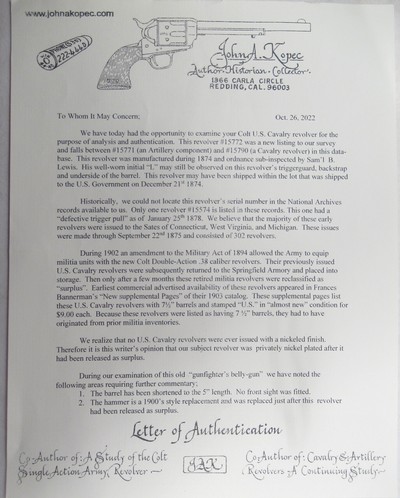 ANTIQUE COLT U.S. CAVALRY REVOLVER from COLLECTING TEXAS – SHIPPED 1874 – KOPEC LETTER INCLUDED – GUN FIGHTER’S BELLY-GUN - Image 18 of 19