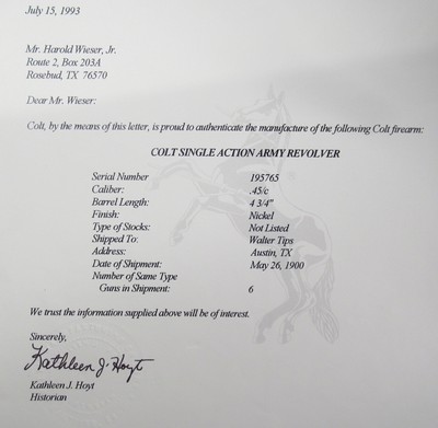 WALTER TIPS - AUSTIN, TEXAS SHIPPED COLT .45 SINGLE ACTION REVOLVER from COLLECTING TEXAS – FACTORY LETTER – SHIPPED 1900 - Image 23 of 23