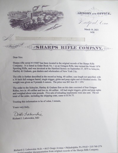 ANTIQUE SHARPS MODEL 1874 SPORTING RIFLE with FACTORY LETTER from COLLECTING TEXAS - Image 21 of 21