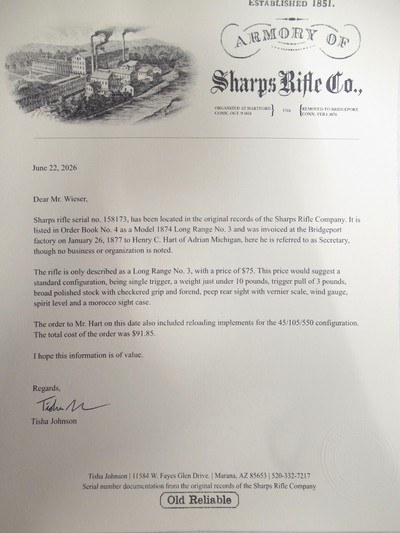 ULTRA RARE SHARPS MODEL 1874 NEW LONG RIFLE #3 from COLLECTING TEXAS – SHIPPED 1877 - Image 21 of 23