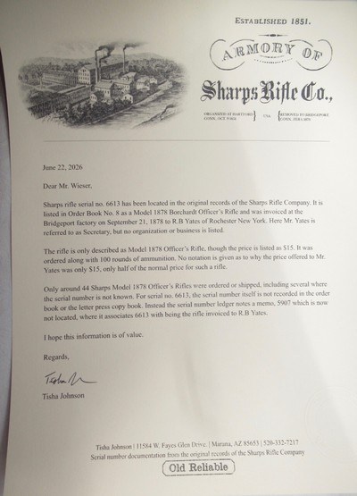 ANTIQUE SHARPS MODEL 1878 BORCHARDT OFFICER’S RIFLE in 45-70 CALIBER from COLLECTING TEXAS – RARE – ONLY 1 of 48 MADE – FACTORY LETTER - Image 22 of 23