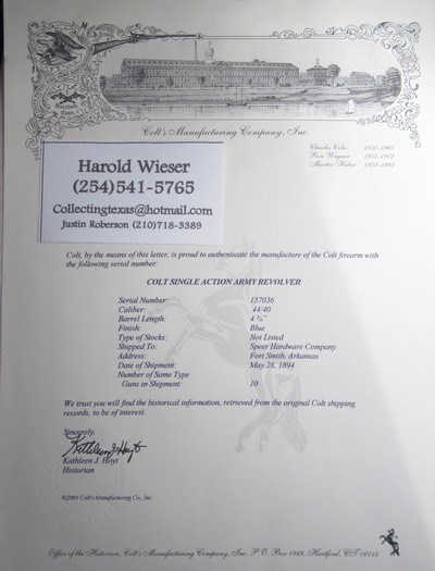 ANTIQUE COLT S.A.A. 44-40 SHIPPED to SPEER HARDWARE CO. - FORT SMITH, ARKANSAS in 1894 from COLLECTING TEXAS – FACTORY LETTER - Image 20 of 20