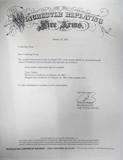 ANTIQUE WINCHESTER MODEL 1873 – 2ND MODEL CARBINE from COLLECTING TEXAS – FACTORY LETTER – O SO MEXICO - Image 23 of 23