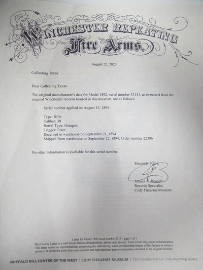 NICE ANTIQUE WINCHESTER MODEL 1892 RIFLE from COLLECTING TEXAS – FACTORY LETTER INCLUDED – SHIPPED 1894 - Image 21 of 21