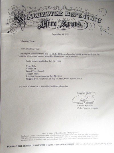 HIGH CONDITION WINCHESTER MODEL 1892 RIFLE from COLLECTING TEXAS – SHIPPED 1894 – FACTORY LETTER INCLUDED - Image 21 of 21