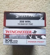308 Winchester -150 G Winchester Power Point - 17 Boxes
----- 308 Federal 150 Grain Soft point 4 Boxes.
20 Rds Each