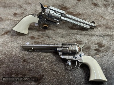 NEW PAIR CONSECUTIVE SERIAL NO. 1873 CATTLEMAN 45 COLT NICKEL, TEDDY ROOSEVELT, IVORY GRIP, ENGRAVED 550480 - LAYAWAY AVAILABLE