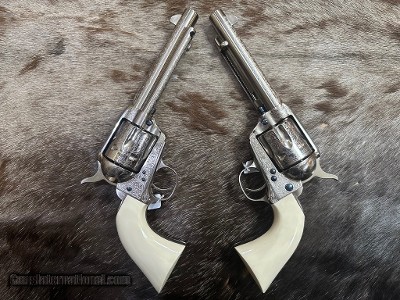 NEW PAIR CONSECUTIVE SERIAL NO. 1873 CATTLEMAN 45 COLT NICKEL, TEDDY ROOSEVELT, IVORY GRIP, ENGRAVED 550480 - LAYAWAY AVAILABLE