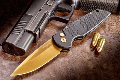 NEW NIGHTHAWK CUSTOM PROTECH TR3 DOUBLE STACK AUTOMATIC KNIFE TiN GOLD - Image 1 of 19