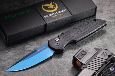 NEW NIGHTHAWK CUSTOM PROTECH TR3 DOUBLE STACK AUTOMATIC KNIFE SAPPHIRE BLUE - Image 1 of 20