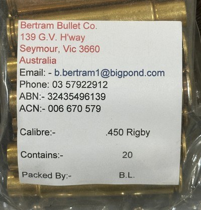 NEW BERTRAM BRASS 450 RIGBY, 100 PIECES, UNPRIMED, STANDARD FINISH - Image 2 of 6