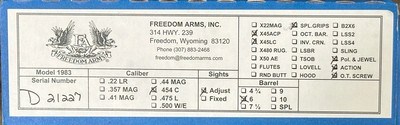 FREEDOM ARMS MODEL 83 PREMIER GRADE 454 CASULL 45 COLT 45 ACP 6