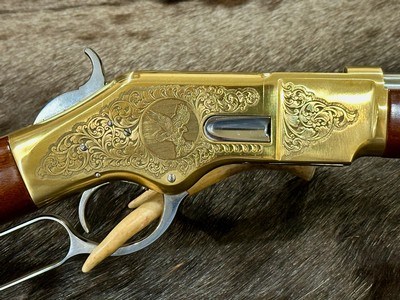 NEW UBERTI 1866 WINCHESTER YELLOWBOY WHITE CARBINE 38 SPECIAL INDIAN ENGRAVING, TACKS, GREAT WOOD 550025 - LAYAWAY AVAILABLE - Image 8 of 24