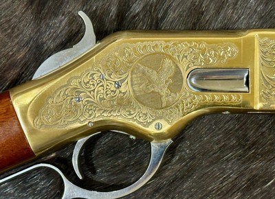 NEW UBERTI 1866 WINCHESTER YELLOWBOY WHITE CARBINE 38 SPECIAL INDIAN ENGRAVING, TACKS, GREAT WOOD 550025 - LAYAWAY AVAILABLE - Image 9 of 24