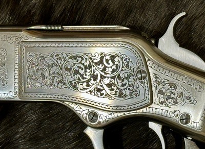 EXHIBITION, HAND-ENGRAVED UBERTI 1873 WINCHESTER IN THE WHITE SPORTING 45 COLT 20