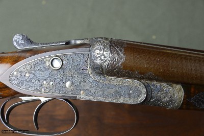 W&C Scott Premier Imperial 12 Bore Sidelock Ejector Pigeon Gun with 30” Highly Figured Damascus Barrels and Fabulous Game Scene Engraving