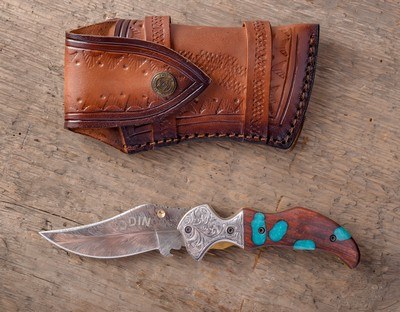 Odin Hand-Engraved Folding Knife with Resin-Inlaid Hardwood   - Image 2 of 2