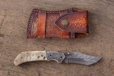 Odin Arms Hand Forged Damascus Folder with Polished Horn Scales - Image 2 of 2