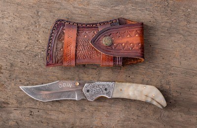 Odin Arms Hand Forged Damascus Folder with Polished Horn Scales