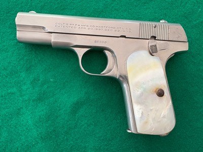 Colt 1908 Nickel 380 Pistol, MOP Grips, Nice! CA OK!