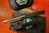 HERETIC CUSTOM CLERIC II OTF AUTO TANTO EDGE- BLACK HANDLE CROCODILE INLAY BRONZED 3V DAMASCUS BLADE S/N 048 - 1 of 9
