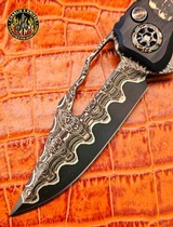 Heretic Custom Wraith V4 Manual Bowie Vegas Forge Damascus/Pivot w/Snake Skin Carbon Fiber Inlay - Aluminum DLC Chassis - 2 of 12