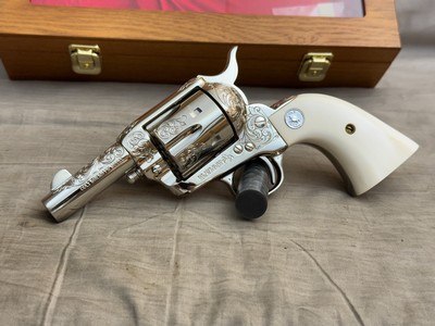 Bryson Gwinell Master Engraved and Inscribed Colt Single Action Army Sheriff's Model Enamel Inlaid Ivory Grips 44 40