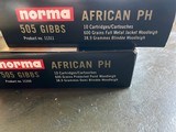 Norma African PH, 505 Gibbs ammunition: 4 full boxes. Three boxes of 600gr Woodleigh solids and one box 600gr Woodleigh softs - 4 of 9