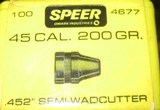 100 SPEER .452 200 GRAIN LEAD SEMI-WADCUTTER WITH 100 ONCE FIRES 45ACP MIXED CASES - 3 of 4