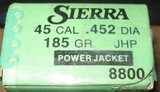 BOX OF 100 SIERRA .452 185 GRAIN JHP BULLETS + 100 FIRED 45 ACP MIXED BRASS - 2 of 3