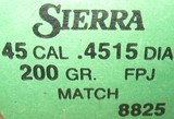 BOX OF 100 SIERRA #8825 .4515 200 GRAIN FPJ MATCH BULLETS + 100 FIRED 45 ACP MIXED BRASS - 3 of 4