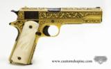 Colt 1911 45 ACP. Engraved And Damascened Gold On Black Oxidized Steel. Mother Of Pearl Grips. - 1 of 8