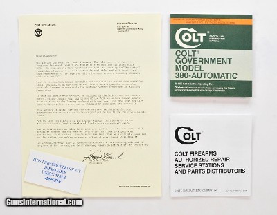 Colt Government Model 380 Automatic Manual, Repair Station List And Letter. 1983