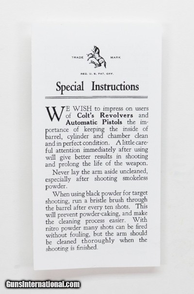 Colt Vintage Special Instructions Manual. Part No. M-93.