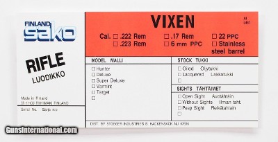 Sako Vixen L461 AI Rifle Stoeger Import Vintage Box Label