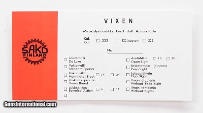 Sako Vixen L461 Rifle Pre-Import Vintage Box Label