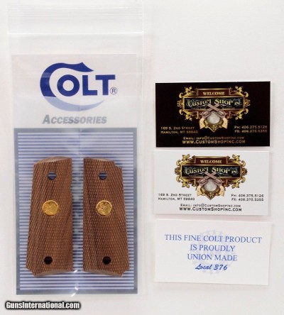 Colt 1911 Officer's Model ACP Factory Original Checkered Wood Grips. Gold 150 Yr. Anniversary Medallions. New