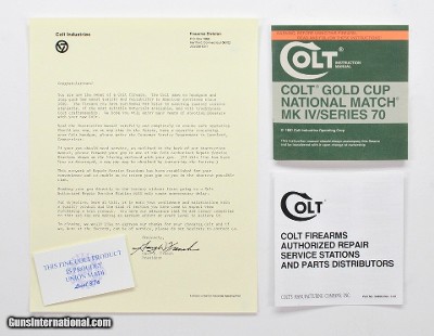 Colt Gold Cup National Match MK IV/Series 70 1981 Manual, Repair Stations List, Colt Letter, Etc.