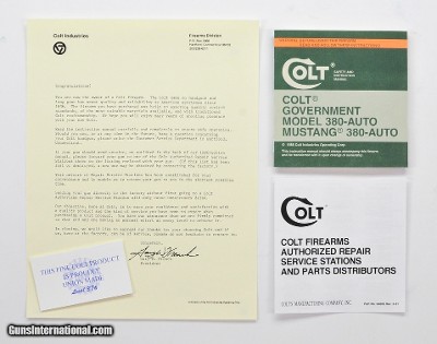 Colt Government Model 380-Auto, Mustang 1985 Manual, Repair Stations List, Colt Letter, Etc.
