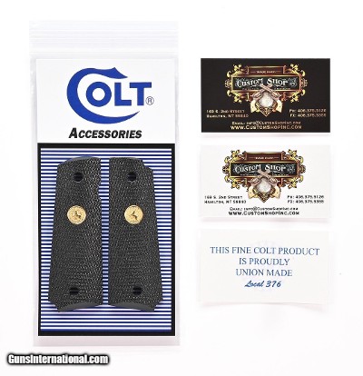 Colt 1911 Full Size Factory Original Black Lacquered, Checkered Wood Grips. Gold Medallions. New