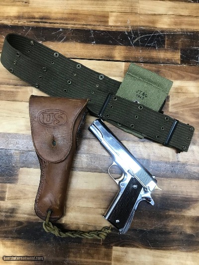 REMINGTON WW2 M 1911 A1 U.S. ARMY PROPERTY!NICKEL PLATED! W/ WW2 HOLSTER & BELT! .45 ACP