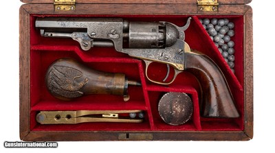 COLT CASED PRESENTATION FACTORY ENGRAVED COLT 1849 POCKET REVOLVER .31 CAL