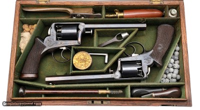 ADAMS ARMS CASED DOUBLE PAIR OF ADAMS PATENT MODEL 1851 RETAILOR MARKED UNKNOWN